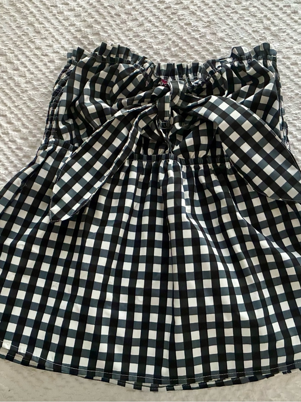 Black White Gingham Smocked Strapless Bow Peplum Top Women's